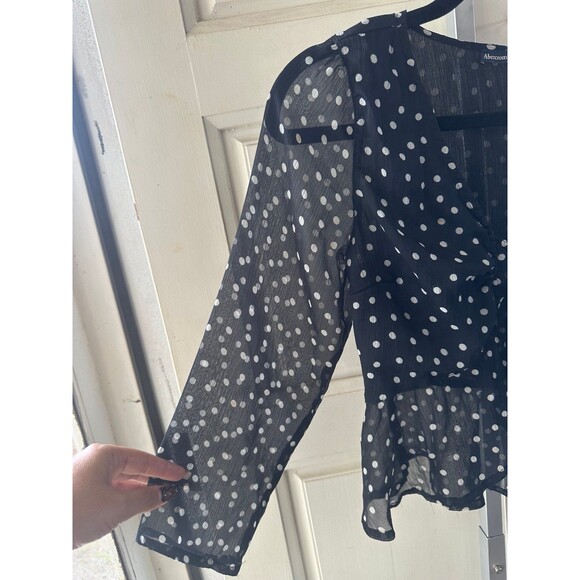 Abercrombie & Fitch Sheer Partial Lined Polka Dot Tie Front Crop Peplum Top S - Picture 4 of 7